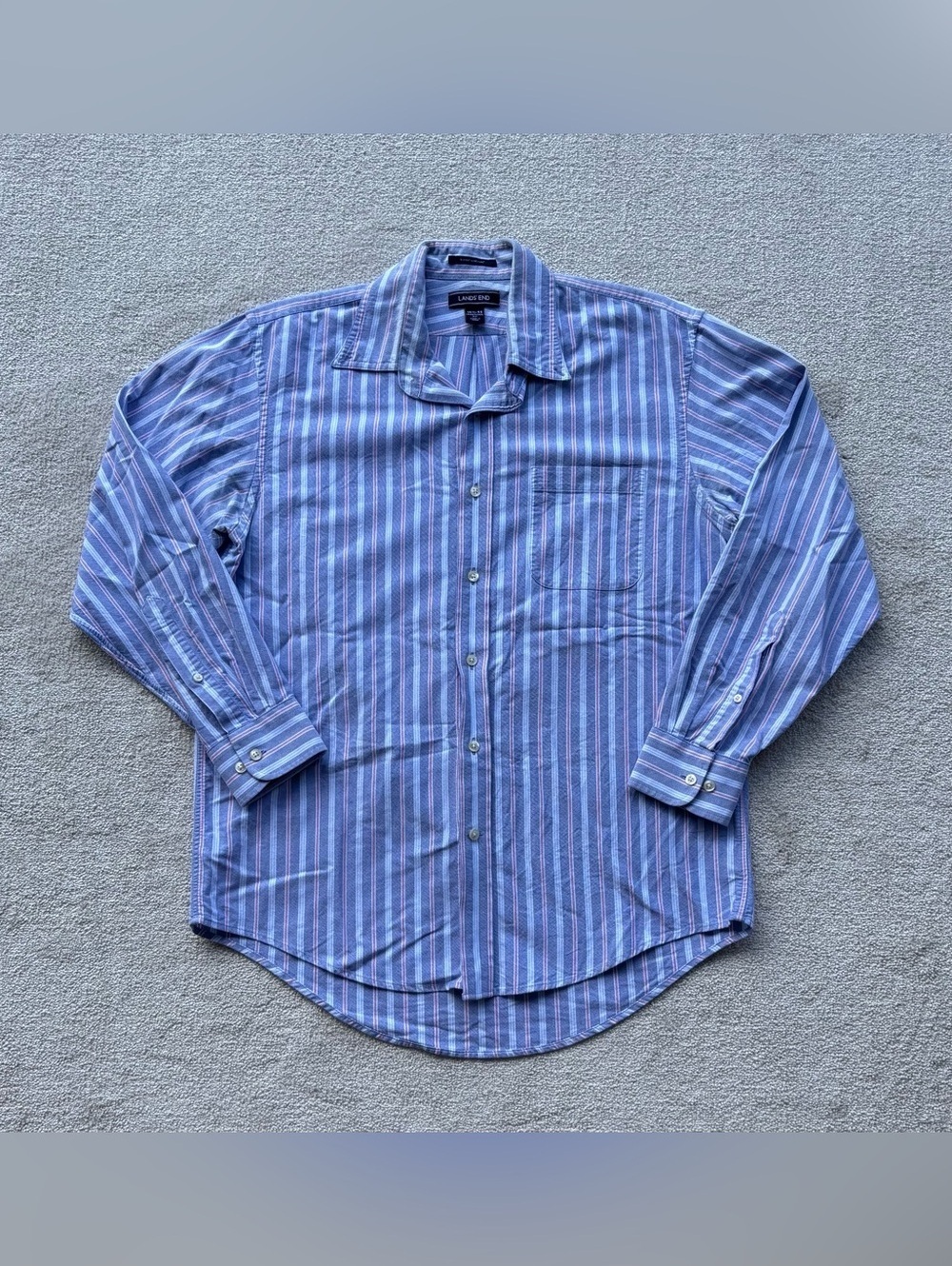 Lands' End Blue and Pink Striped Men's Button-Down Shirt